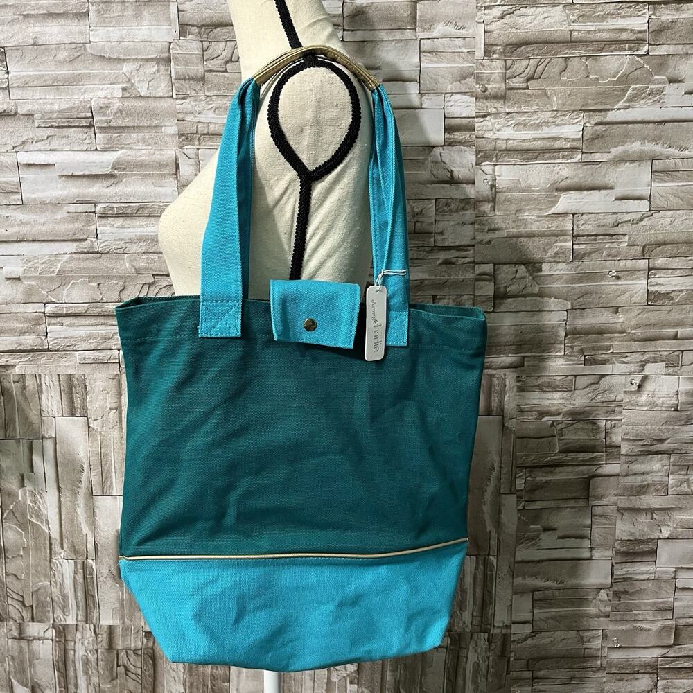 Charming Charlie Canvas Crew Carry All Tote Reusable Bag Natural Blue Turquiose